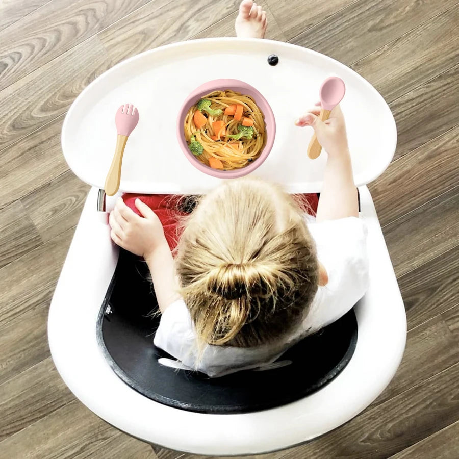 Set de Alimentación BLW – 3 Piezas de Silicona con Cuchara y Tenedor de Madera