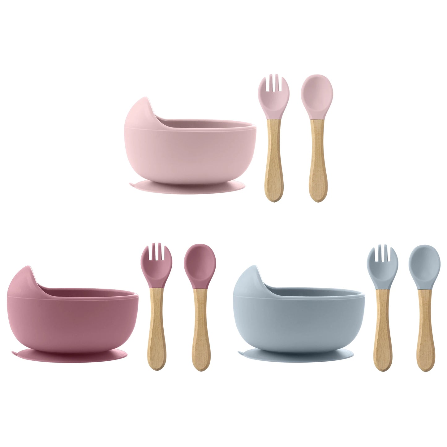 Set de Alimentación BLW – 3 Piezas de Silicona con Cuchara y Tenedor de Madera