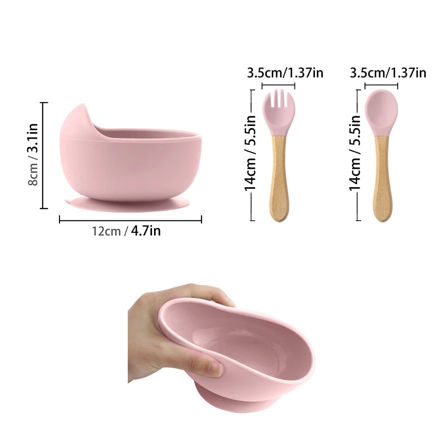 Set de Alimentación BLW – 3 Piezas de Silicona con Cuchara y Tenedor de Madera