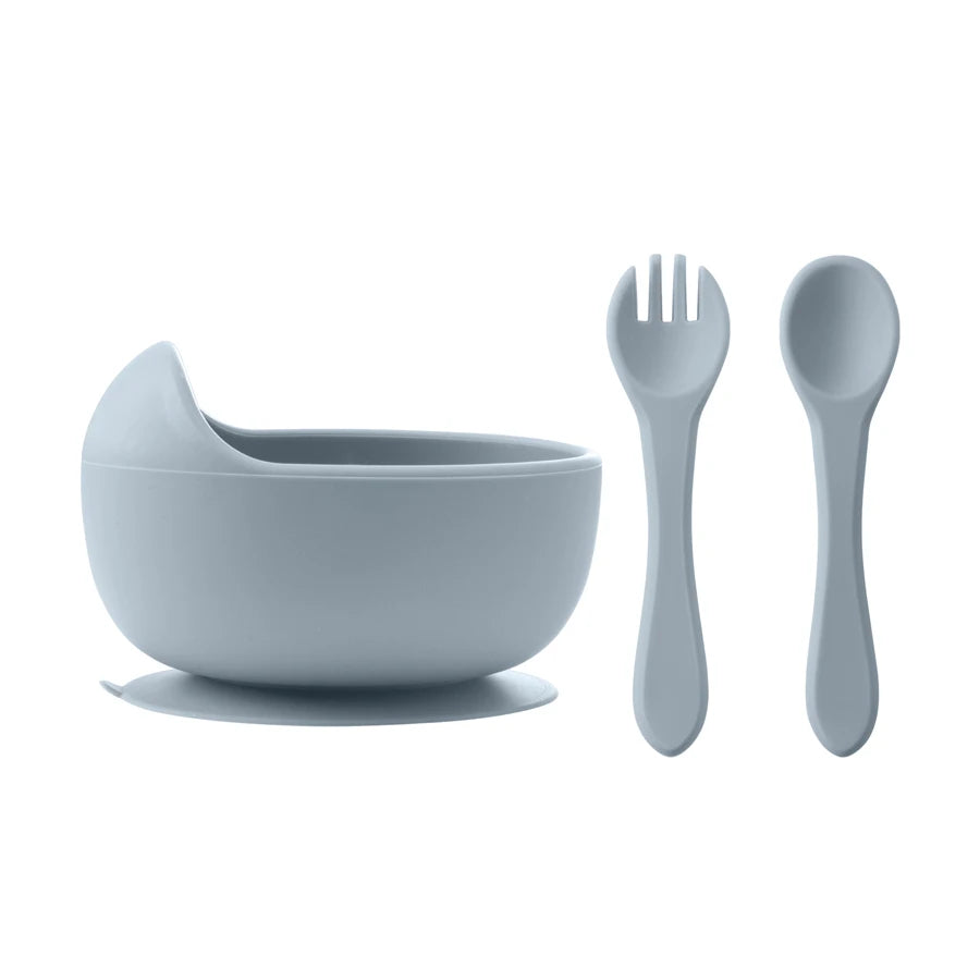Set de Alimentación BLW – 3 Piezas de Silicona con Cuchara y Tenedor de Madera