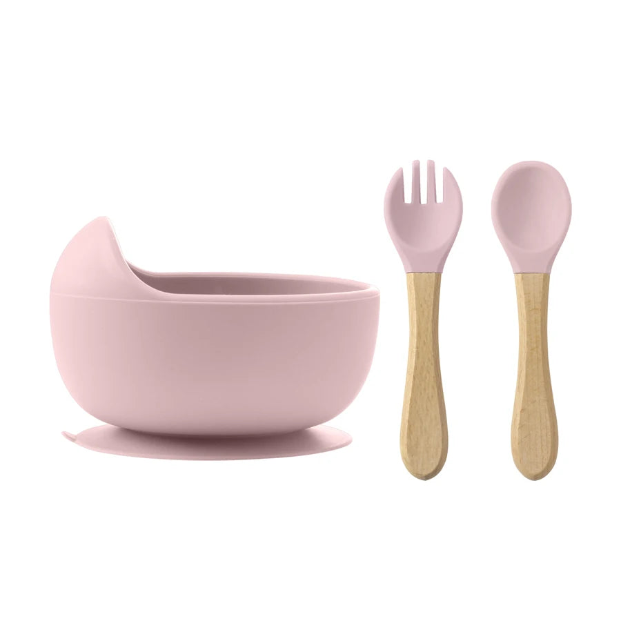 Set de Alimentación BLW – 3 Piezas de Silicona con Cuchara y Tenedor de Madera