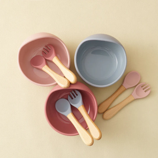 Set de Alimentación BLW – 3 Piezas de Silicona con Cuchara y Tenedor de Madera