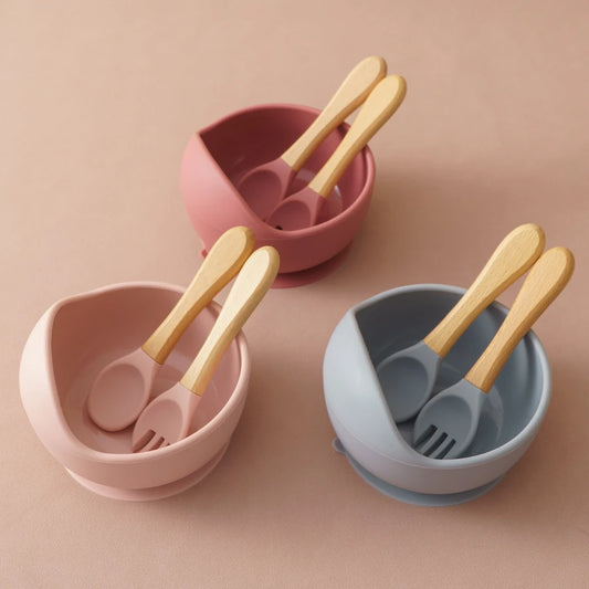 Set de Alimentación BLW – 3 Piezas de Silicona con Cuchara y Tenedor de Madera
