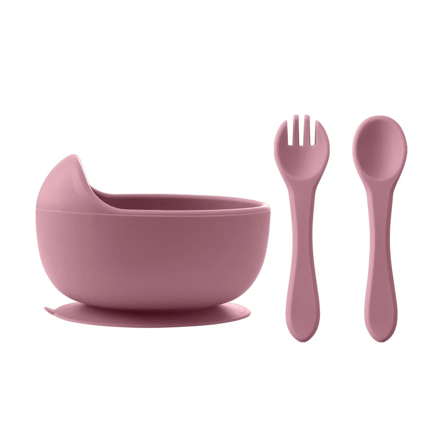 Set de Alimentación BLW – 3 Piezas de Silicona con Cuchara y Tenedor de Madera