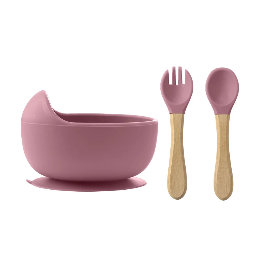 Set de Alimentación BLW – 3 Piezas de Silicona con Cuchara y Tenedor de Madera