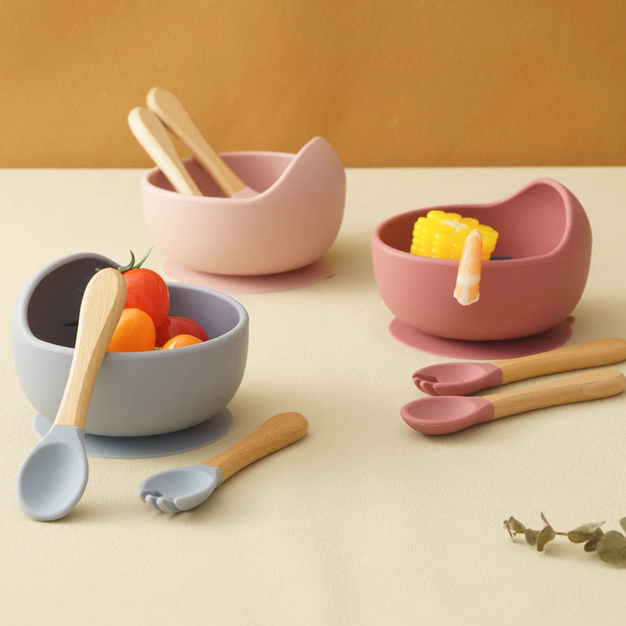 Set de Alimentación BLW – 3 Piezas de Silicona con Cuchara y Tenedor de Madera