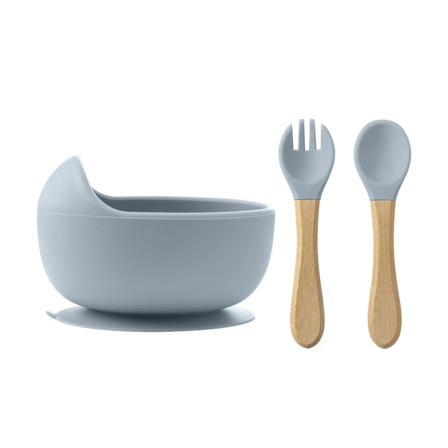 Set de Alimentación BLW – 3 Piezas de Silicona con Cuchara y Tenedor de Madera